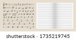 Vector set of musical design elements, isolated open book with a lines and collection of hand drawn notes and music symbols.