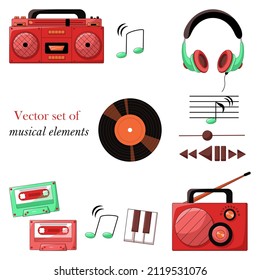 Vector set of musical elements drawn in a simple style. Vintage musical illustration in trendy colors