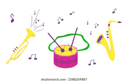 Vector set with musical elements for Mardi Gras carnival. Bright Saxophone, trumpet and drums images for design and logos. Colorful party outfit elements