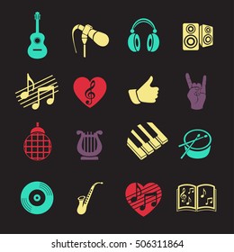 Vector set musical flat web icons. Multicolored icons with long shadow for  internet, mobile apps, interface design