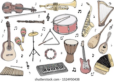 Vector set of musical instruments. Cartoon colored isolated objects on a white background. Multicolored hand drawn illustration.