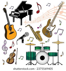  Vector set of musical instruments. Cartoon colored isolated objects on a white background
