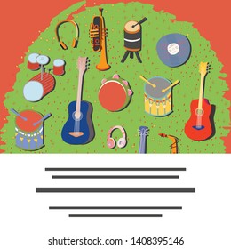 Vector set with musical instruments. Circle border with musical instruments for text.  Vector design posters, flyers or cards. 