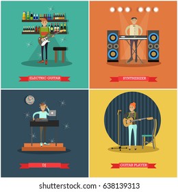 Vector set of musical instruments concept posters. Electric guitar, Guitar player, Synthesizer and DJ flat style design elements.