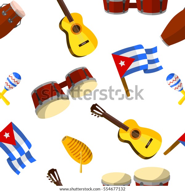Vector set of musical instruments for the\
Cuban salsa. Guitar, drums, maracas bongos, guiro and the flag of\
Cuba. Latin American music, salsa,\
rumba