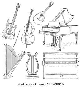 Vector Set of Musical Instruments: electric guitar, contrabass, mandolin, grand piano, harp, lira, piano