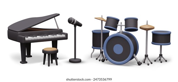 Vector set of musical instruments and equipment for concert, performance