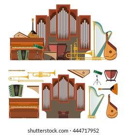 Vector set of musical instruments in flat style. Design elements and music icons isolated on white background.