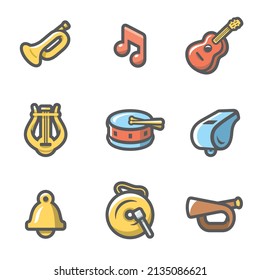 Juego de vectores de íconos de instrumentos musicales. Trumpet, Note, Guitarra, Harp, Drum, Whistle, Bell, Gong, Bugle.