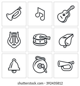 Vector Set of Musical Instruments Icons. Trumpet, Note, Guitar, Harp, Drum, Whistle, Bell, Gong, Bugle. Various musical instruments isolated on a White Background