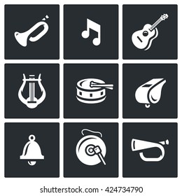 Vector Set of Musical Instruments Icons. Trumpet, Note, Guitar, Harp, Drum, Whistle, Bell, Gong, Bugle. Various musical instruments isolated on a White Background