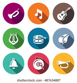 Vector Set of Musical Instruments Icons. Trumpet, Note, Guitar, Harp, Drum, Whistle, Bell, Gong, Bugle.