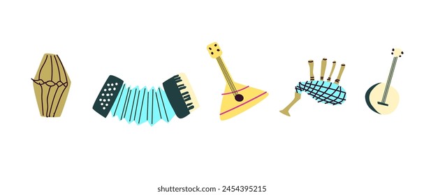 Vector set of musical instruments. Orchestra classical and ethnic instruments. Vector illustration of drum, guitar, saxophone, trumpet, violin, banjo and other. 