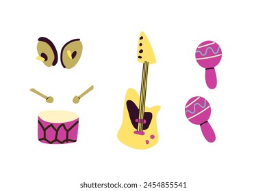 Vector set of musical instruments. Orchestra classical and ethnic instruments. Vector illustration of drum, guitar, saxophone, trumpet, violin, banjo and other. 