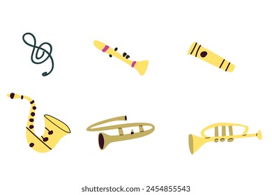 Vector set of musical instruments. Orchestra classical and ethnic instruments. Vector illustration of drum, guitar, saxophone, trumpet, violin, banjo and other. 