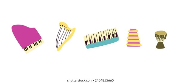 Vector set of musical instruments. Orchestra classical and ethnic instruments. Vector illustration of drum, guitar, saxophone, trumpet, violin, banjo and other. 