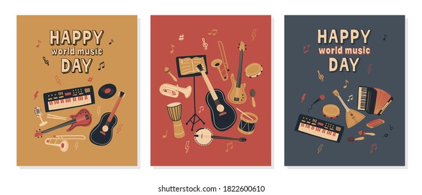 Vector set of musical instruments. Сollection of postcards dedicated to the world music day