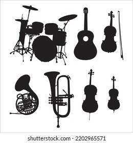 Vector Set Of Musical Instruments  Silhouettes Illustration Isolated On White Background