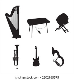 Vector Set Of Musical Instruments  Silhouettes Illustration Isolated On White Background