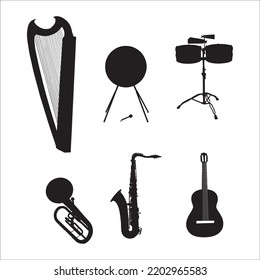 Vector Set Of Musical Instruments  Silhouettes Illustration Isolated On White Background