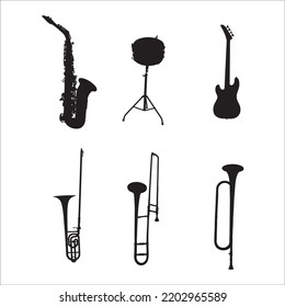 Vector Set Of Musical Instruments  Silhouettes Illustration Isolated On White Background