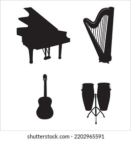 Vector Set Of Musical Instruments  Silhouettes Illustration Isolated On White Background