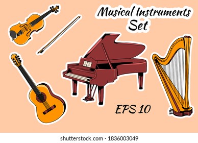 Vector set of musical instruments. Stringed Instruments Set Piano Harp Violin Guitar Vector Stickers