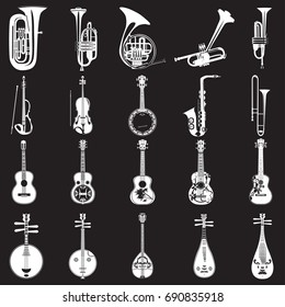 Vector set of musical instruments white templates on black background. Wind, string bowed and plucked musical instruments in flat style.