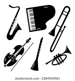 Vector set of musical jazz instruments drawn in graphic style. Isolated on white background big band orchectra - piano, violin, wind trumpet, saxophone, clarinet, trombone.