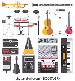 Vector set with musical live instruments isolated on white. Cello, guitar, amplifier,  mixpad, microphone, accessories for live music and sound technician