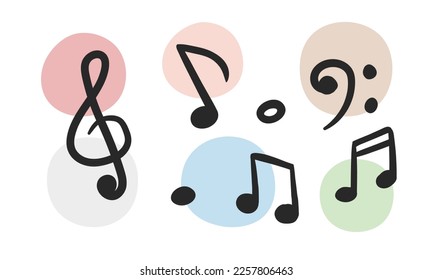 Vector set of musical notations with multiple decorative dots in the background. Treble clef, bass clef, eighth note, quaver, sixteenth note, semiquaver musical symbols vector cartoon hand drawn style