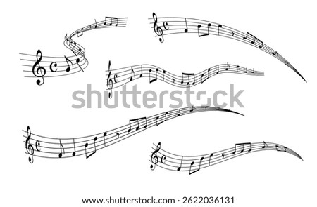 Vector set of musical notes in decorative wavy patterns isolated on white background