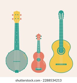 Vector set of musical strings instruments in cartoon flat style. Isolated on beige background - guitar, banjo, ukulele.