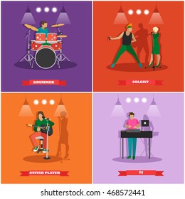 Vector set of musician and singers. Music rock band concept banners. Rock guitarist, dj, drummer.