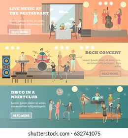 Vector set of musicians concept horizontal banners. Live music at the restaurant, Rock concert and Disco in a nightclub design elements in flat style.