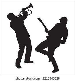 Vektorset von Musikerinnen, Silhouetten-Illustration einzeln auf weißem Hintergrund