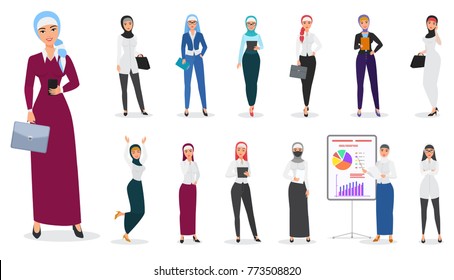 Vector Set Of Muslim Arabian Business Woman Character Poses.