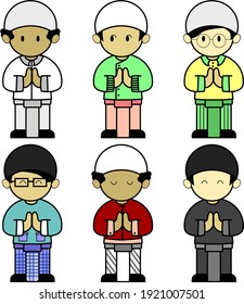 Vector set of Muslim boys with various kinds of clothes. good for your Eid day decoration, to add a cute and happy impression on this blessed day. Happy Eid Mubarak. also suitable for stickers.