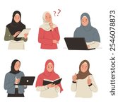 Vector set of muslim girl activities wearing hijab. hijab woman holding tablet, hijab woman working with laptop, hijab woman reading book. Flat vector illustration isolated on white background