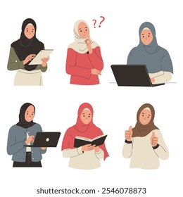 Conjunto de Vector de actividades de niñas musulmanas con hijab. mujer con hijab sosteniendo una tableta, mujer con hijab trabajando con una computadora portátil, mujer con hijab leyendo un libro. Ilustración vectorial plana aislada sobre fondo blanco