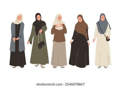 Conjunto vetorial de menina muçulmana usando hijab. Coleção feminina muçulmana hijab vestido. Ilustração de vetor plano isolada no plano de fundo branco