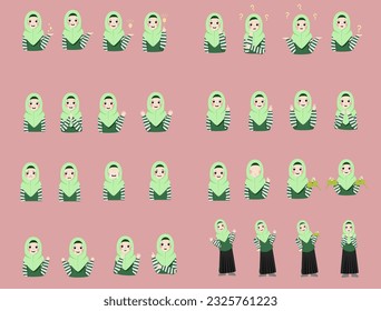 Vector set of muslim woman cartoon illustration, for sticker, children book illustration, decoration, flash card expression. A simple flat vector design.