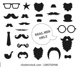 Vector set of mustache, beard, glasses, hat, tie, pipe, bow. Collection of elements for Fatherâ€™s Day. Male theme clip art. Photo booth props for holiday or party.
