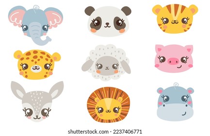 Vector set of muzzles of cute animals. Tiger, lion, leopard, elephant, antelope, deer, hippo, pig, sheep, panda, deer. Cute animal faces on white background 