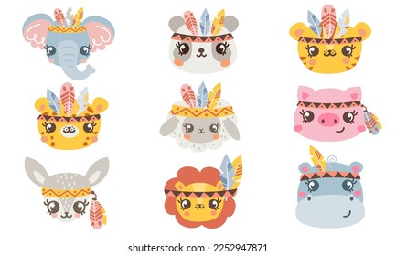 Vector set of muzzles of cute animals. Tiger lion leopard elephant antelope deer hippo pig sheep panda deer. Cute animal faces in feather veins. Indians animals. Cute animal faces on white background 