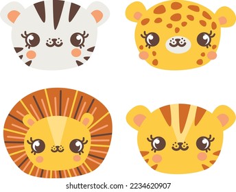 Vector set of muzzles of wild cats. Tiger, Bengal tiger, lion, leopard. Cute animal faces on white background 