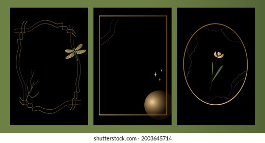 Vector set mystic and elf theme, includes beautiful golden frames for decoration. Black, green and gold colors with gradient for decoration, clipart