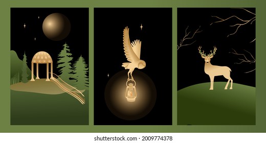 Vector set mystic and elf theme, includes illustrations of house of elves, deer, owl. Black, green and gold colors with gradient for decoration, clipart