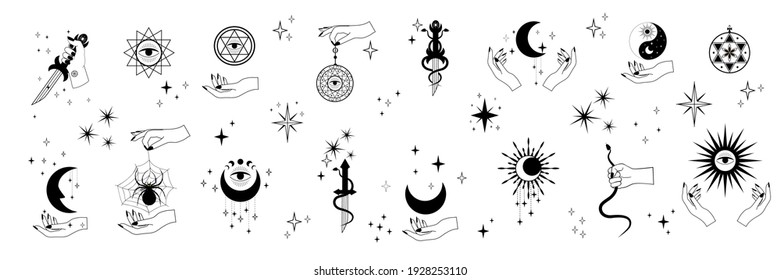 Vector set of mystical and astrological symbols and signs. Magic linear silhouettes isolated on white background.