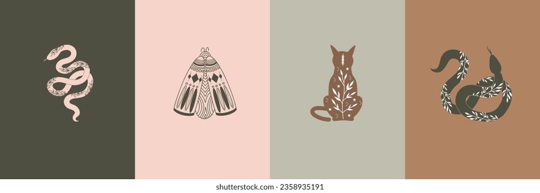 Vector set of mystical celestial moths, snakes and cat, mystical animal illustrations, pre-made logo set